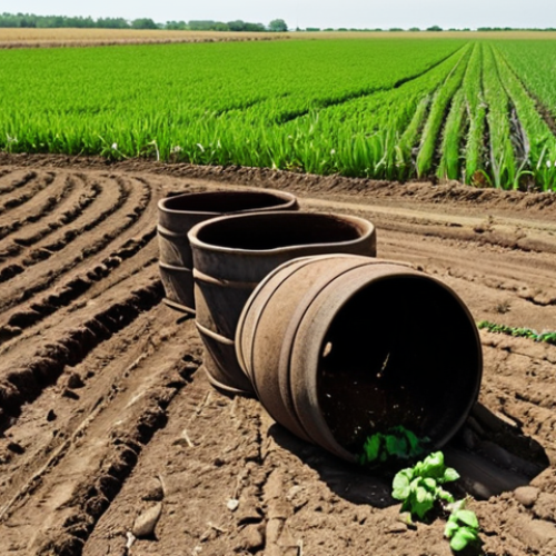 Home 11 **
A desolate field, cracked and barren, contrasting sharply with a lush green field. In the desolate field, cracked earth reveals rusted barrels and discarded tires. In the green field, vibrant crops grow, showcasing sustainable agricultural practices like crop rotation and the use of compost. The image emphasizes the consequences of soil contamination versus the benefits of responsible farming.
**