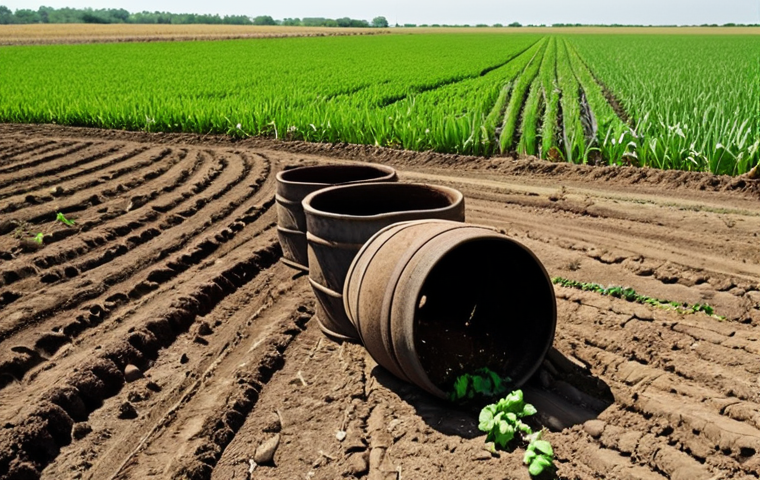 **
A desolate field, cracked and barren, contrasting sharply with a lush green field. In the desolate field, cracked earth reveals rusted barrels and discarded tires. In the green field, vibrant crops grow, showcasing sustainable agricultural practices like crop rotation and the use of compost. The image emphasizes the consequences of soil contamination versus the benefits of responsible farming.
**