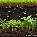 Home 17 유기농 농업이 토양 건강에 미치는 긍정적 영향 - A vibrant organic farm soil cross-section showcasing rich dark soil teeming with diverse beneficial ...