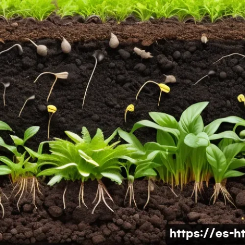 Home 29 유기농 농업이 토양 건강에 미치는 긍정적 영향 - A vibrant organic farm soil cross-section showcasing rich dark soil teeming with diverse beneficial ...