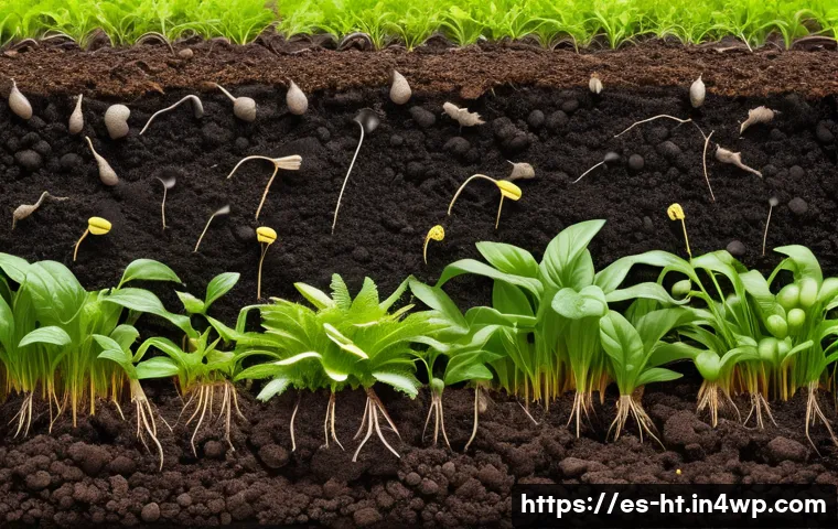 유기농 농업이 토양 건강에 미치는 긍정적 영향 - A vibrant organic farm soil cross-section showcasing rich dark soil teeming with diverse beneficial ...