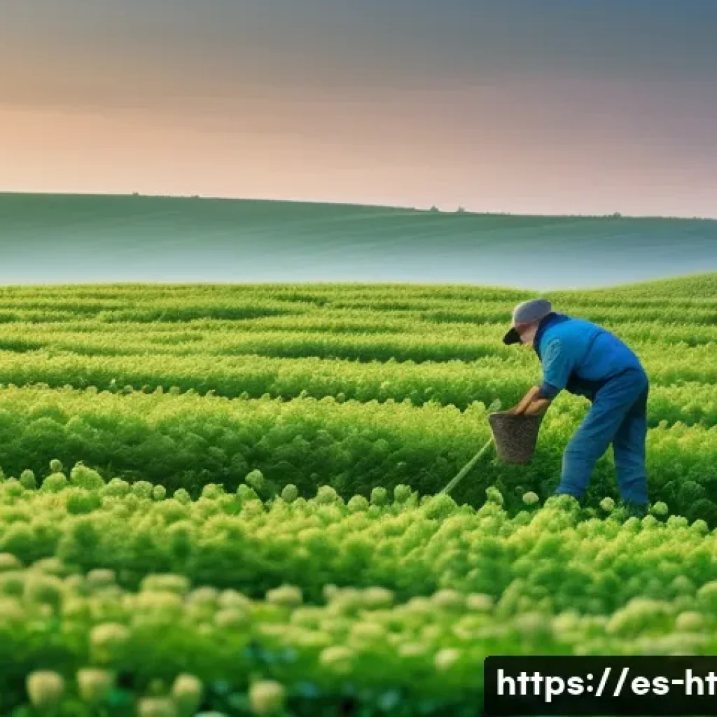 토양 건강 회복을 위한 덮밭 작물 활용법 - A detailed agricultural scene illustrating a farmer inspecting a sandy soil field planted with vetch...