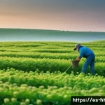 Home 16 토양 건강 회복을 위한 덮밭 작물 활용법 - A detailed agricultural scene illustrating a farmer inspecting a sandy soil field planted with vetch...