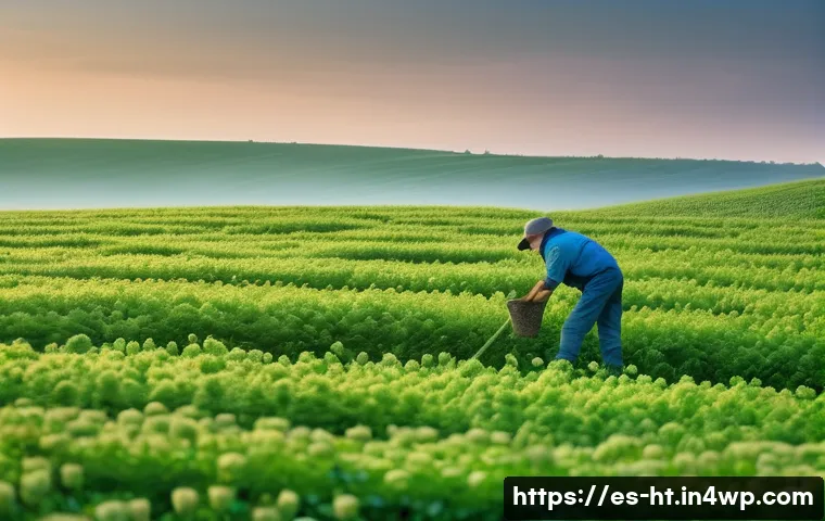 토양 건강 회복을 위한 덮밭 작물 활용법 - A detailed agricultural scene illustrating a farmer inspecting a sandy soil field planted with vetch...